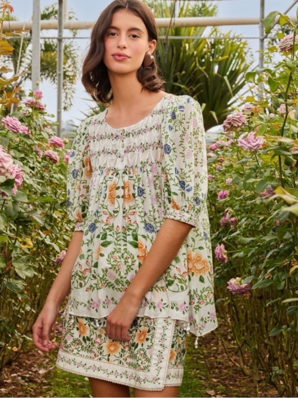 Farm Rio Folk Floral Puff Sleeve Beaded Top Size S